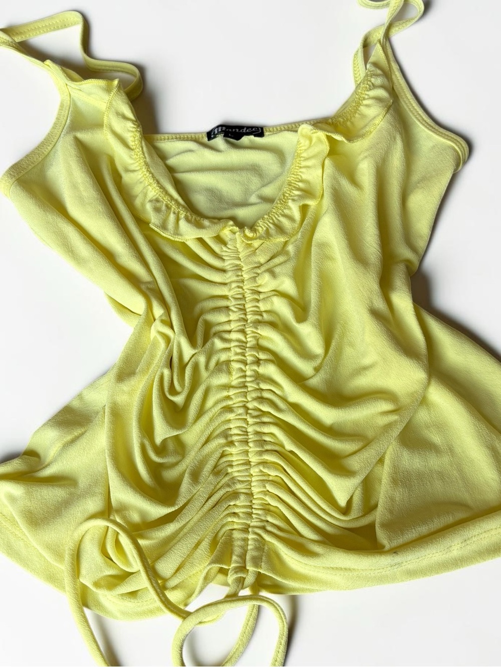 Y2K 2000s Mandee Yellow Ruched Cami Ruffle Tank Top Spaghetti Straps Size Large